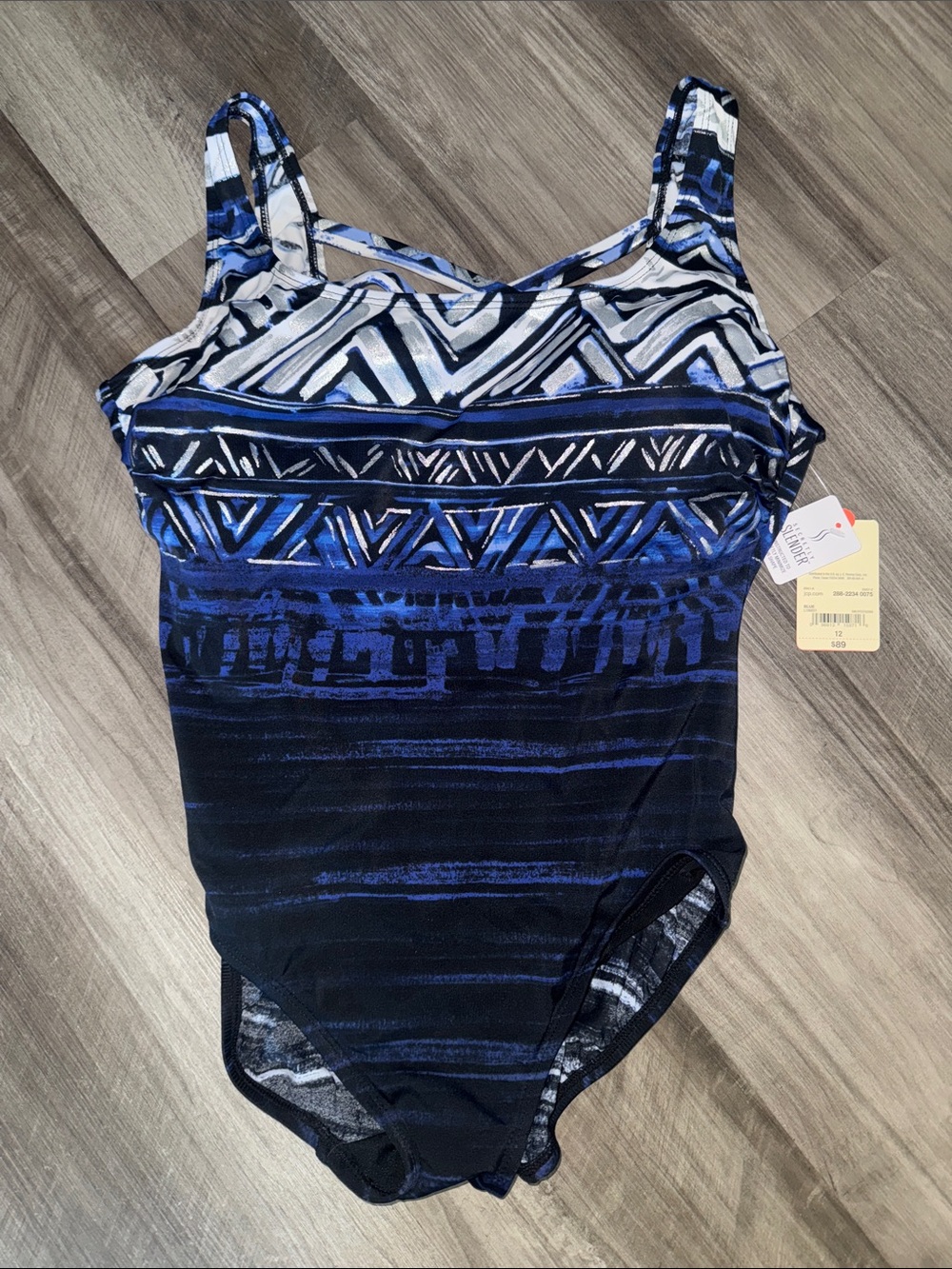 NEW St. John's Bay Blue Black Silver One-Piece Swimsuit Bathing Suit 12 slimming